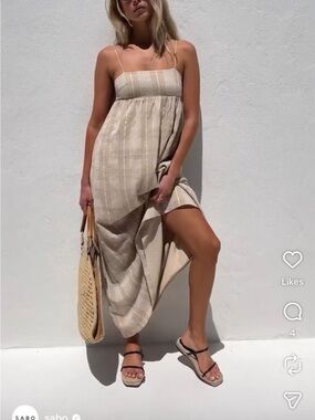 Sabo Skirt Azaria Beige Striped Spaghetti‑Strap Maxi Dress